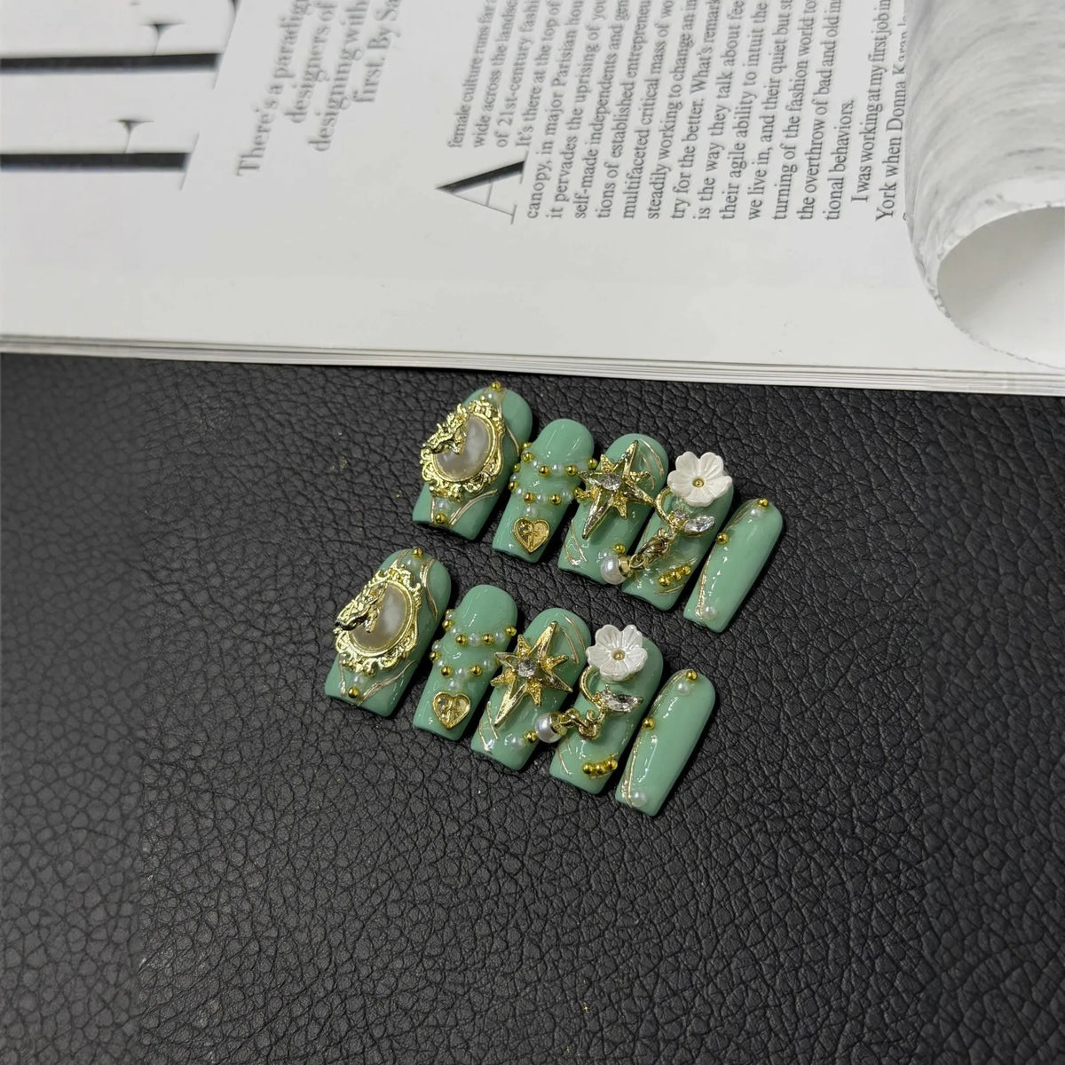 Additional lifestyle view of Mint Celestial Cameo angel and star Medium Coffin nails