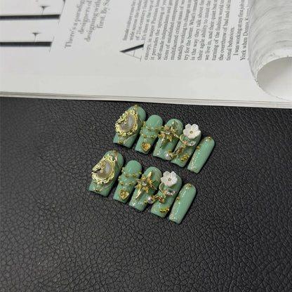 Additional lifestyle view of Mint Celestial Cameo angel and star Medium Coffin nails