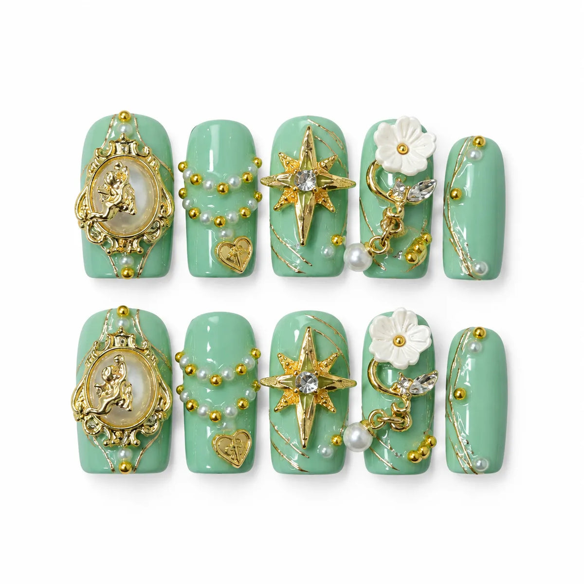 Mint Celestial Cameo NM-C126 Medium Coffin nail set with angel frames stars pearls and gold charms