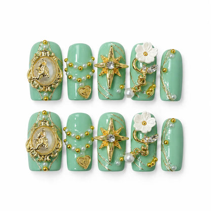 Mint Celestial Cameo NM-C126 Medium Coffin nail set with angel frames stars pearls and gold charms