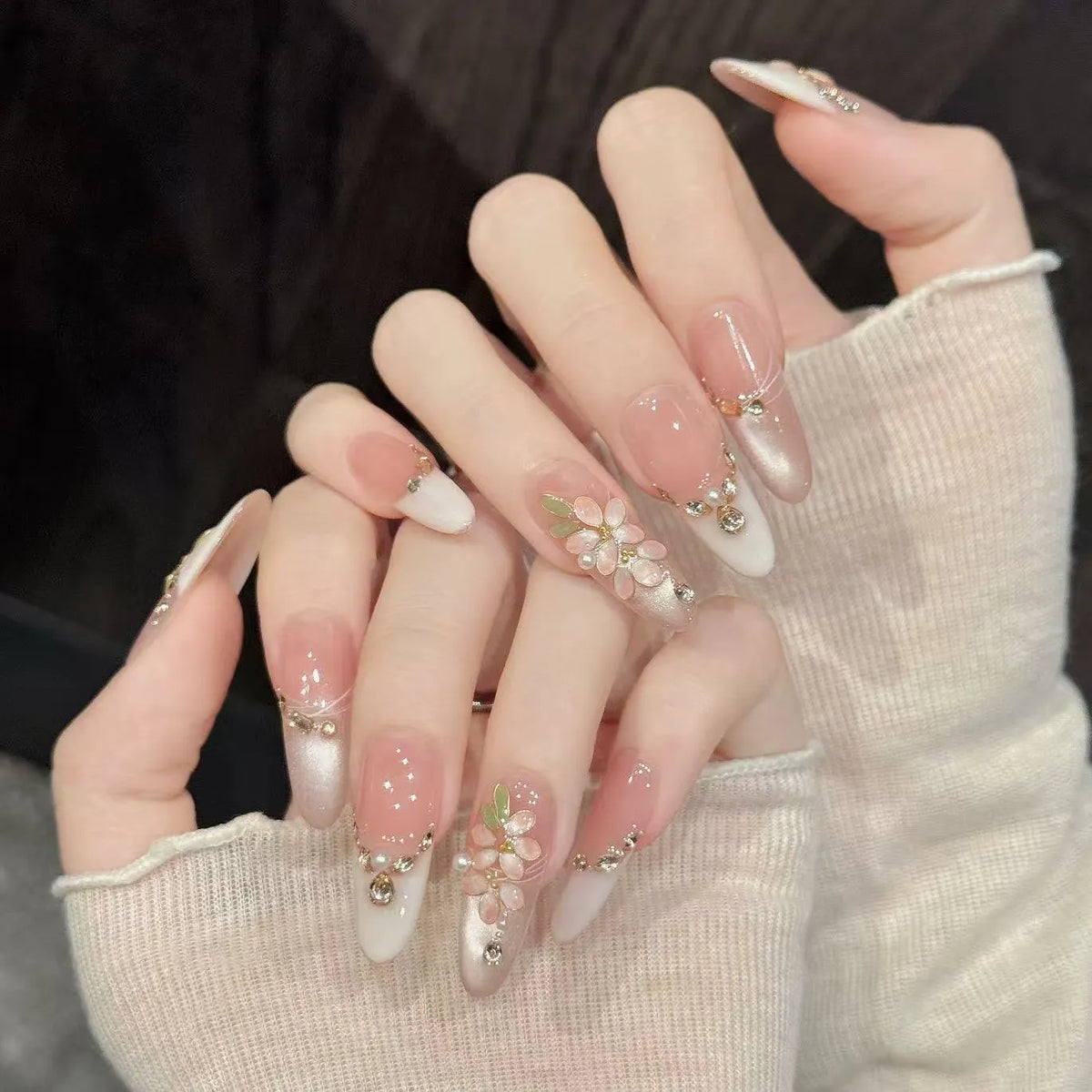 Peach Gold stiletto nails angled view showing elegant shimmer and graceful feminine luxe art 🍑