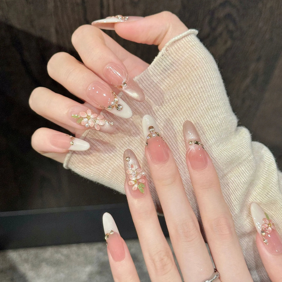Close-up detail of Peach Gold nude pink base, gold foil branches, and crushed rhinestone accents 💎🌿