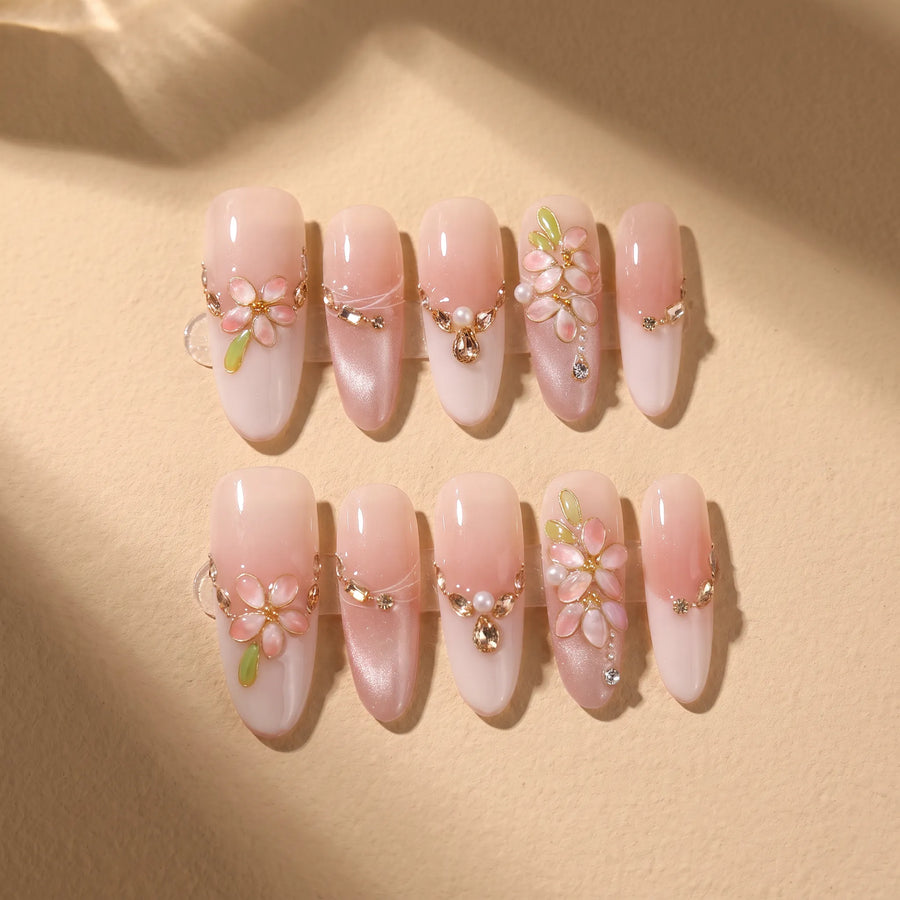 Peach Gold 10-piece handmade press-on nail set with gold branch and rhinestone designs - product flat lay ✨
