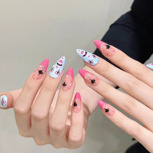 Playful clown medium almond press-on nails 3034 shown in a lifestyle hand view