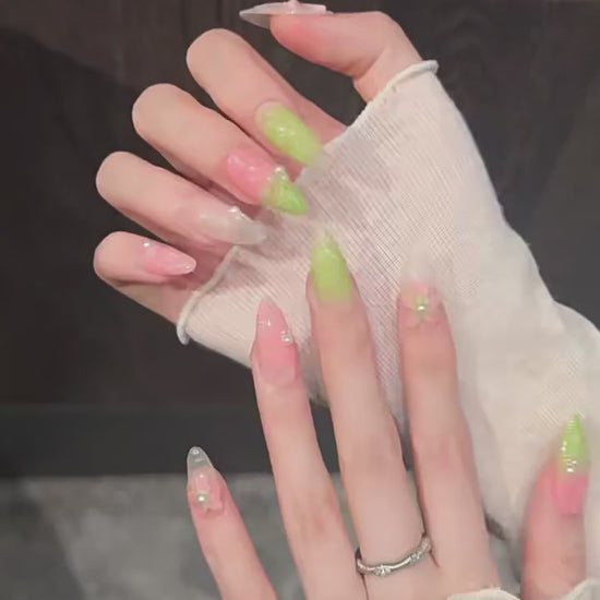 Green Grape press-on nails with sweet gradient 3D flower soft feminine designs - 360 degree product video showcase 🍇💚