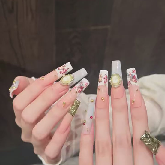 Van Gogh Angel press-on nails with vintage oil painting, gold leaf, and pearl luxury designs - 360 degree product video showcase 🎨👼