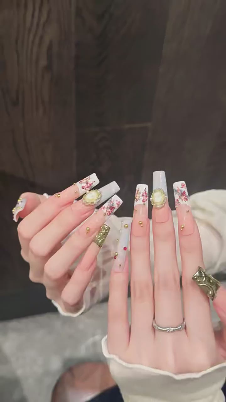Van Gogh Angel press-on nails with vintage oil painting, gold leaf, and pearl luxury designs - 360 degree product video showcase 🎨👼