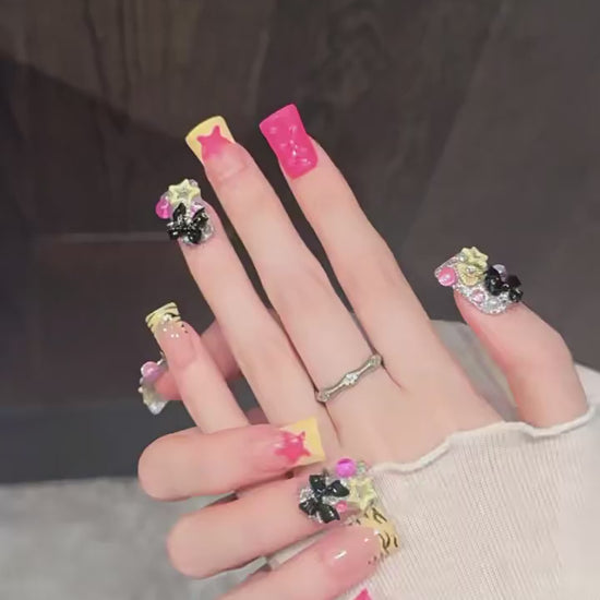 Black Butterfly press-on nails with star contrast bold edgy designs - 360 degree product video showcase 🦋⭐