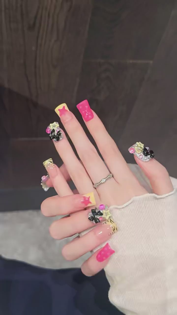 Black Butterfly press-on nails with star contrast bold edgy designs - 360 degree product video showcase 🦋⭐