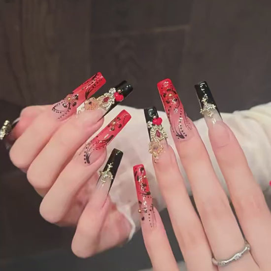 Red Ink Floral press-on nails with vintage red black gradient hand-painted designs - 360 degree product video showcase 🌹🖤