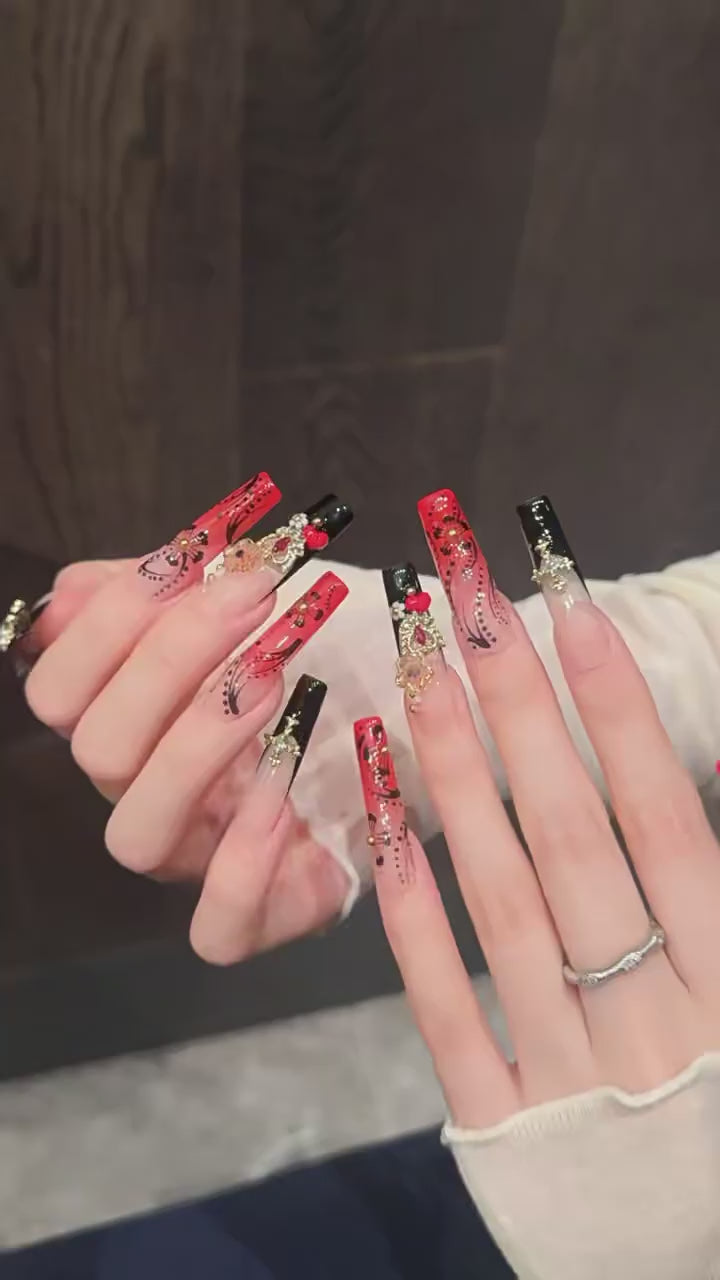 Red Ink Floral press-on nails with vintage red black gradient hand-painted designs - 360 degree product video showcase 🌹🖤