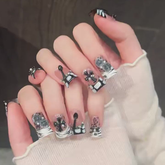 Dragon Rose press-on nails with black dragon rose cross gothic bold designs - 360 degree product video showcase 🐉🥀
