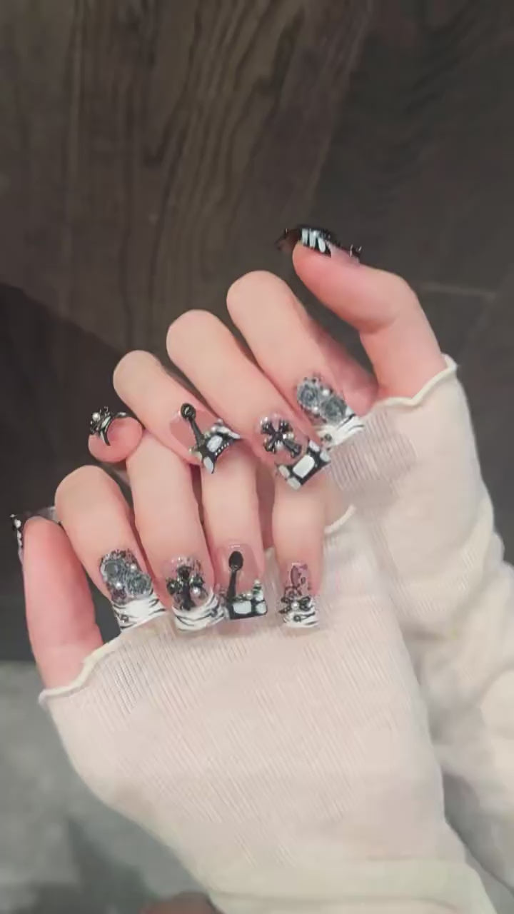 Dragon Rose press-on nails with black dragon rose cross gothic bold designs - 360 degree product video showcase 🐉🥀