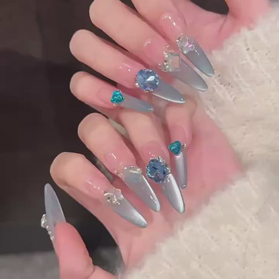 Blue Danube ice blue cat-eye press-on nails with sapphire crystals - 360 degree product video showcase