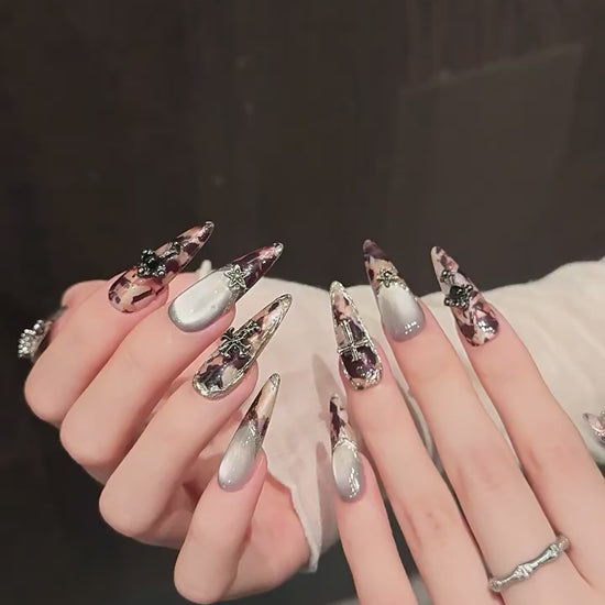 Antique Relic press-on nails with brown cat-eye shimmer and vintage designs - 360 degree product video showcase