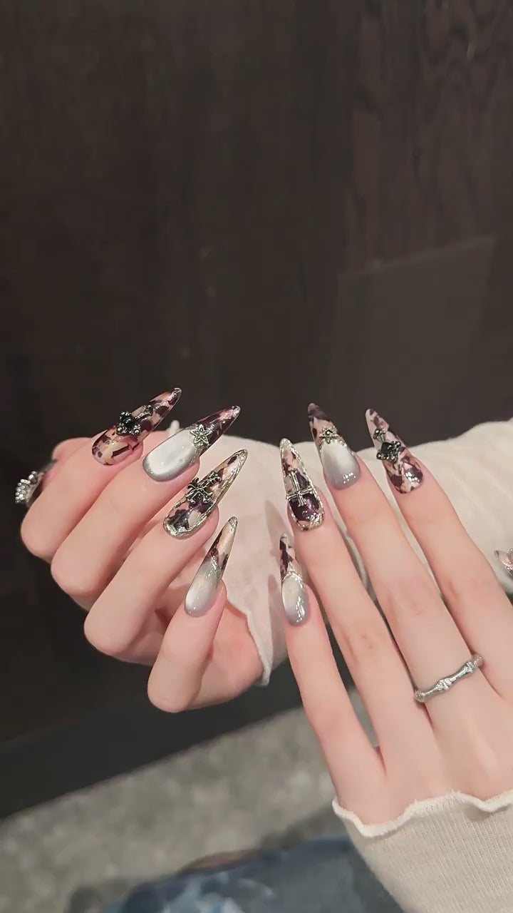 Antique Relic press-on nails with brown cat-eye shimmer and vintage designs - 360 degree product video showcase