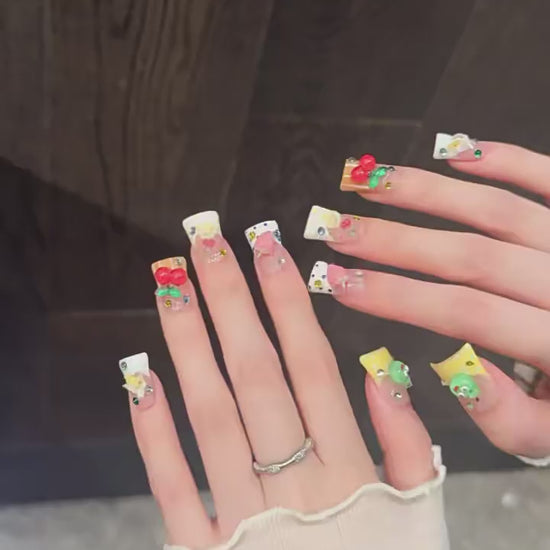 Lemon Fruit press-on nails with cute fruit vibrant sweet girl designs - 360 degree product video showcase 🍋🍓