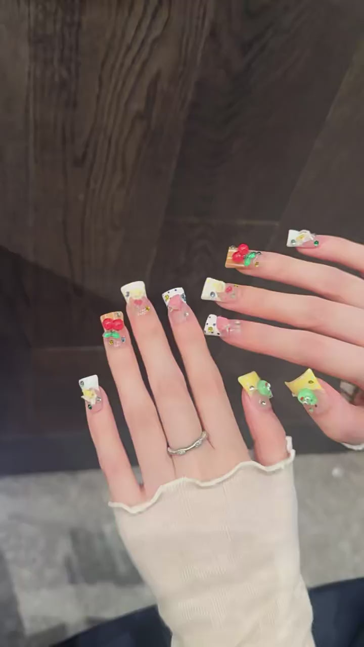 Lemon Fruit press-on nails with cute fruit vibrant sweet girl designs - 360 degree product video showcase 🍋🍓
