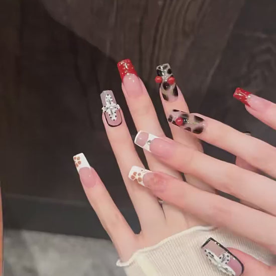 Leopard Cherry Blossom press-on nails with leopard print and 3D cherry designs - 360 degree product video showcase 🍒🐆