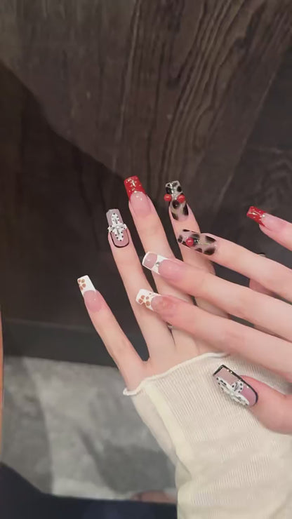 Leopard Cherry Blossom press-on nails with leopard print and 3D cherry designs - 360 degree product video showcase 🍒🐆