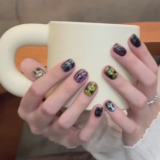Rainbow cat-eye little-devil short oval press-on nails 2054 product video