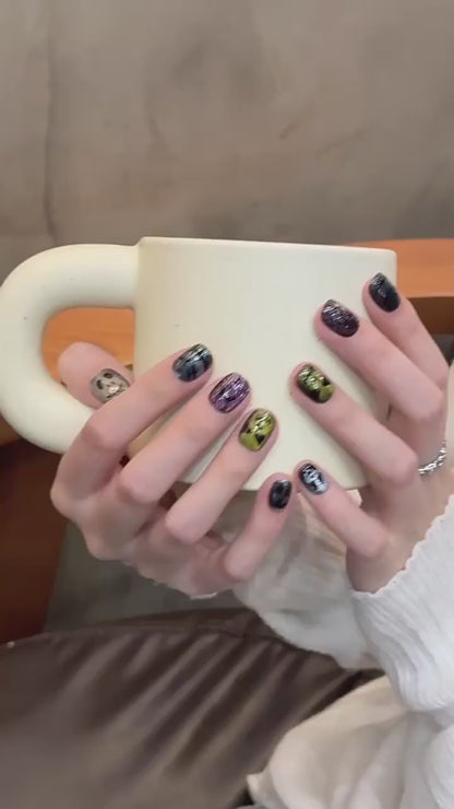 Rainbow cat-eye little-devil short oval press-on nails 2054 product video