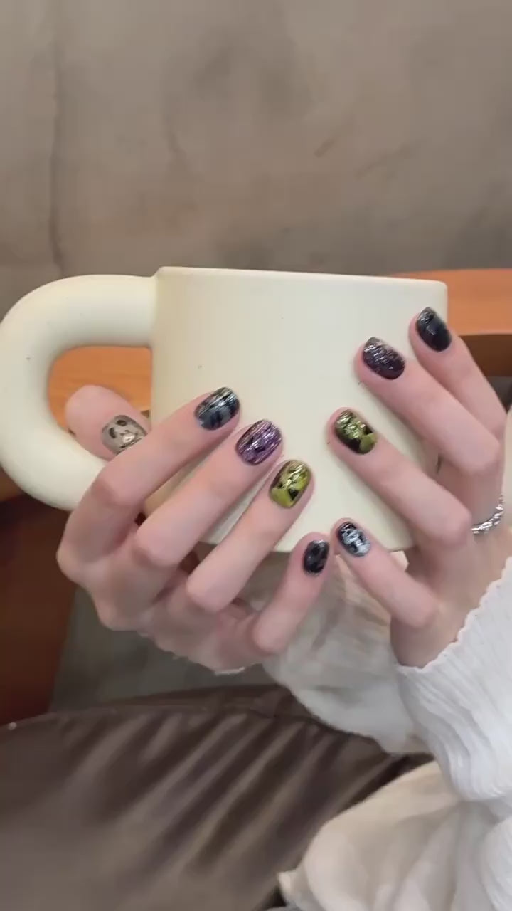 Rainbow cat-eye little-devil short oval press-on nails 2054 product video