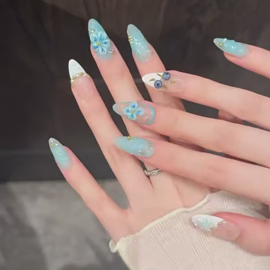Blue Berry press-on nails with ice blue gradient hand-painted blueberry designs - 360 degree product video showcase 🫐💙