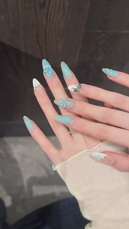 Blue Berry press-on nails with ice blue gradient hand-painted blueberry designs - 360 degree product video showcase 🫐💙