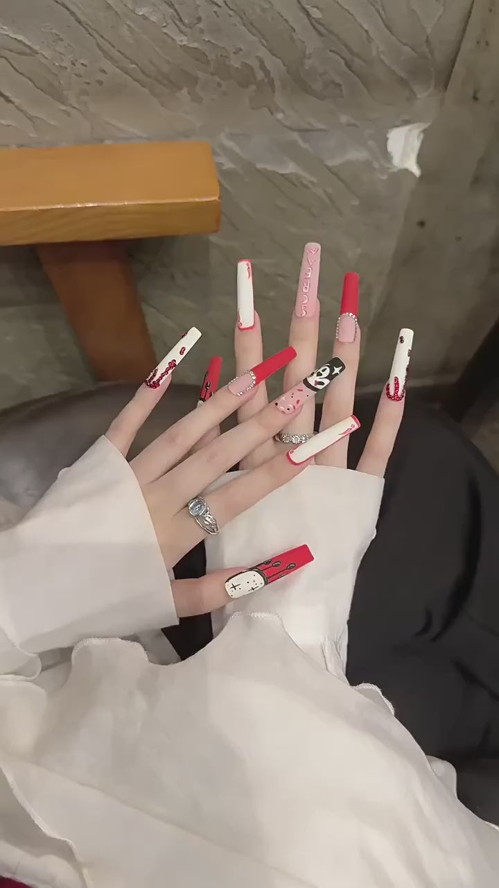 Bloody Ketchup Skull 2136 Extra Long Pipe Coffin press-on nails product video