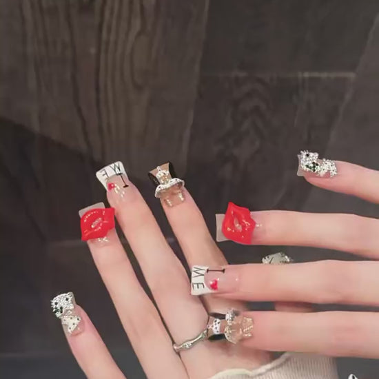 Blazing Kiss press-on nails with red lips bold designs - 360 degree product video showcase 💋🔥