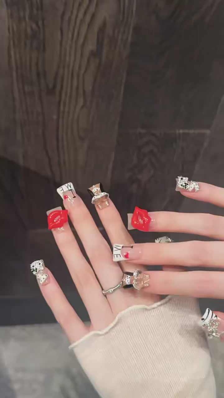 Blazing Kiss press-on nails with red lips bold designs - 360 degree product video showcase 💋🔥