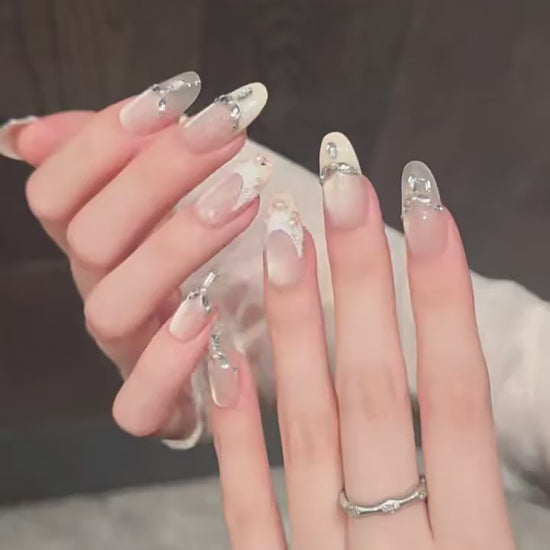 Golden Elegance press-on nails with nude cat eye lace pearl soft luxe designs - 360 degree product video showcase 💛✨