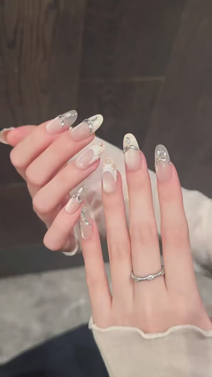 Golden Elegance press-on nails with nude cat eye lace pearl soft luxe designs - 360 degree product video showcase 💛✨