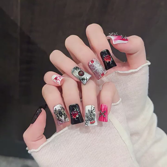 Web of Hearts gothic Halloween press-on nails with spider web and rose designs - 360 degree product video showcase