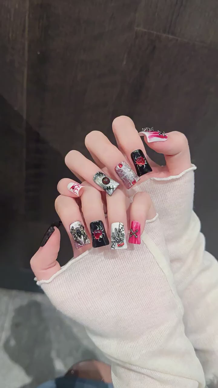 Web of Hearts gothic Halloween press-on nails with spider web and rose designs - 360 degree product video showcase