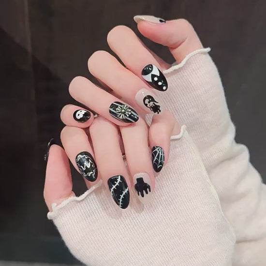 Gothic Shadow press-on nails with 3D cross, skull, and gothic designs - 360 degree product video showcase 💀⛓️