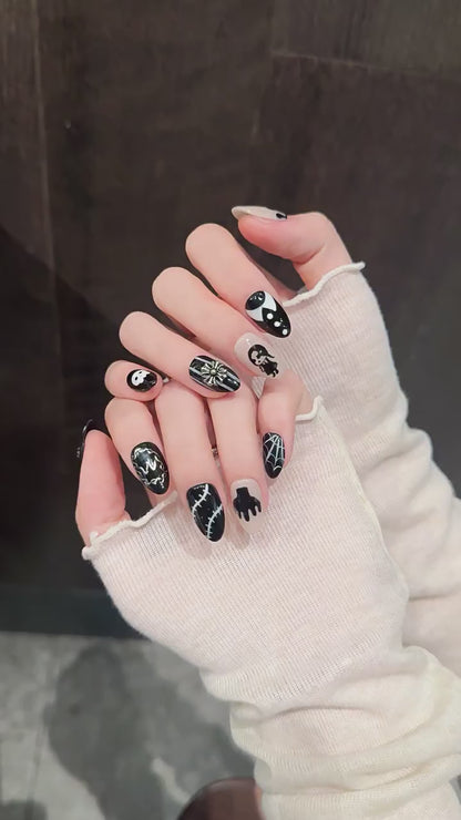 Gothic Shadow press-on nails with 3D cross, skull, and gothic designs - 360 degree product video showcase 💀⛓️