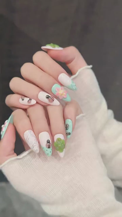 Summer Flower press-on nails with fresh 3D flower ladybug garden designs - 360 degree product video showcase 🌸🐞