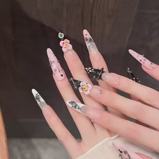 Thorn Mystery press-on nails with gothic studs chains 3D rose edgy designs - 360 degree product video showcase 🥀⛓️