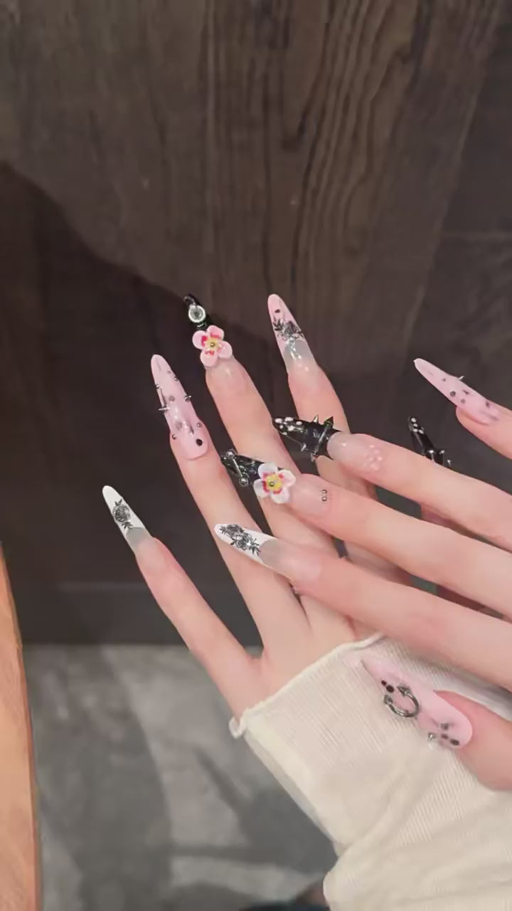 Thorn Mystery press-on nails with gothic studs chains 3D rose edgy designs - 360 degree product video showcase 🥀⛓️
