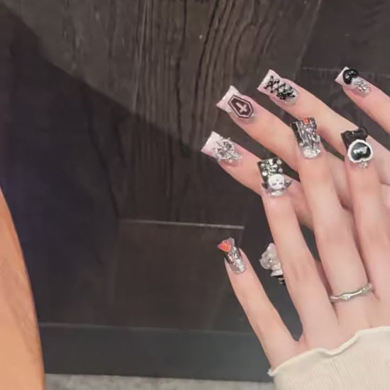 Devil Night press-on nails with AB effect black pink halloween gothic designs - 360 degree product video showcase 😈🖤