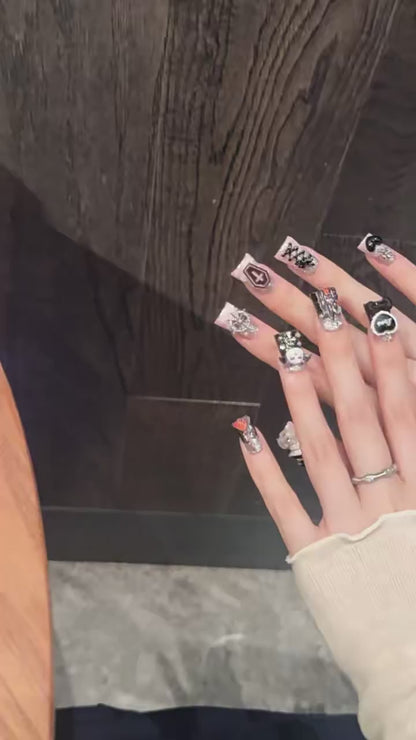 Devil Night press-on nails with AB effect black pink halloween gothic designs - 360 degree product video showcase 😈🖤