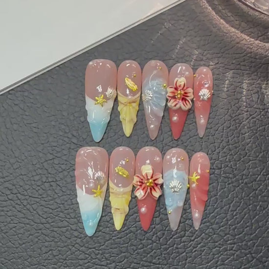Coastal Bloom NM-C106 Long Stiletto press-on nails product video