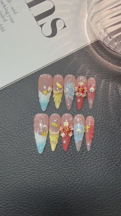 Coastal Bloom NM-C106 Long Stiletto press-on nails product video