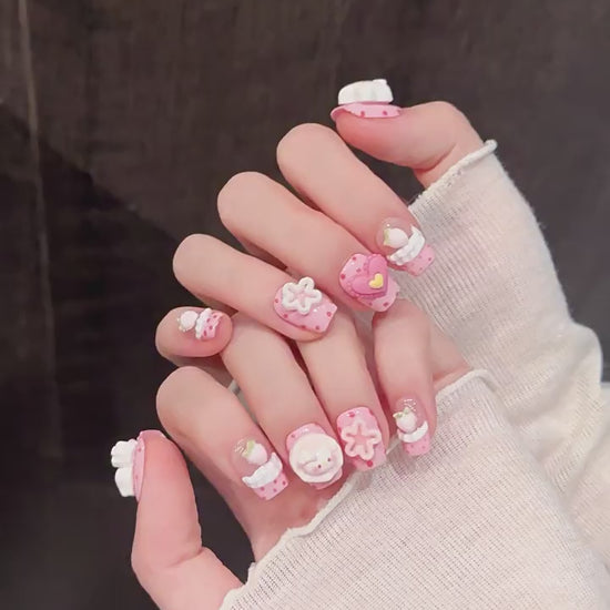 Pink Star Kitty press-on nails with 3D cat and kawaii designs - 360 degree product video showcase
