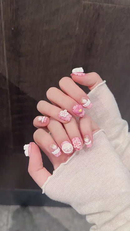 Pink Star Kitty press-on nails with 3D cat and kawaii designs - 360 degree product video showcase