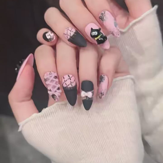 Honey Cat press-on nails with black pink cat music note lace bow sweet designs - 360 degree product video showcase 🐱🎀