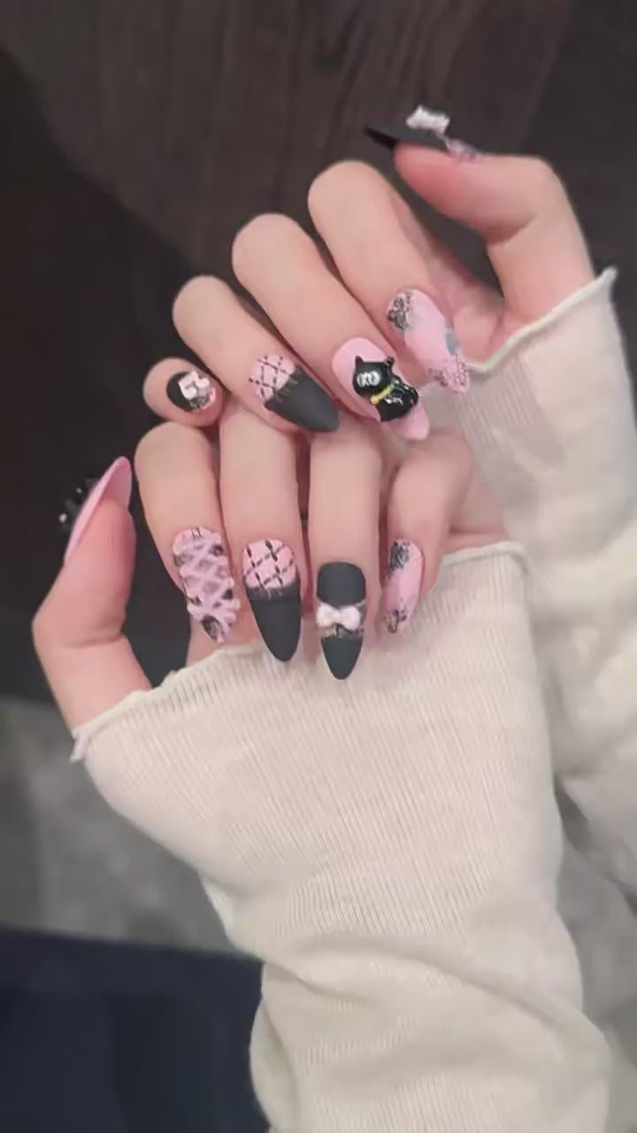 Honey Cat press-on nails with black pink cat music note lace bow sweet designs - 360 degree product video showcase 🐱🎀