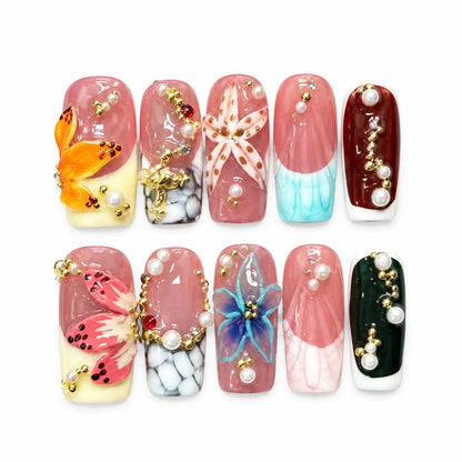 Prism Garden Opulence NM-A014 Medium Coffin nail set with colorful 3D flowers pearls and marble art